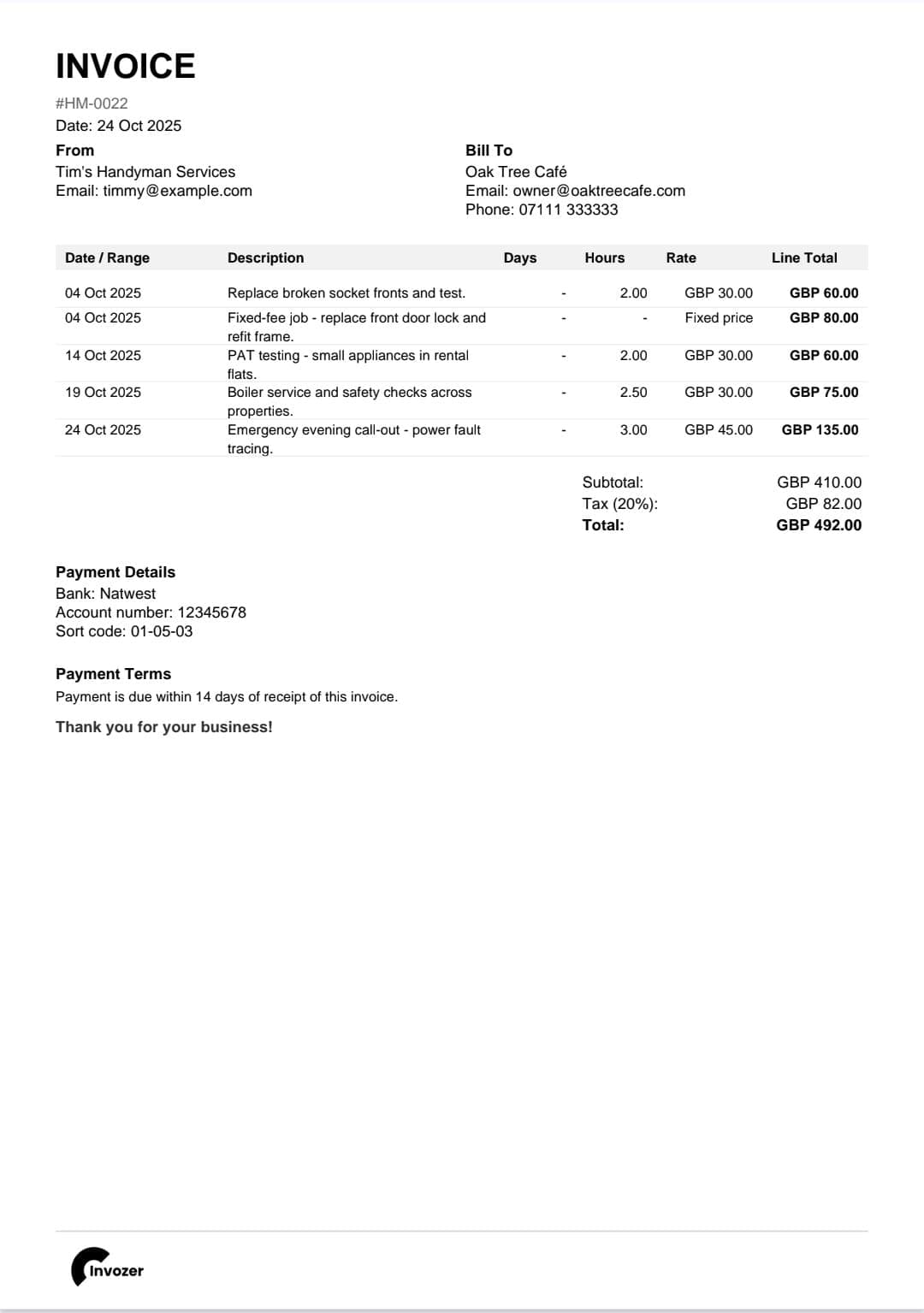 Example invoice PDF created by Invozer invoicing software